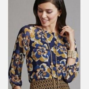 Cabi Lydia #3426 Floral Navy and Mustard Blouse